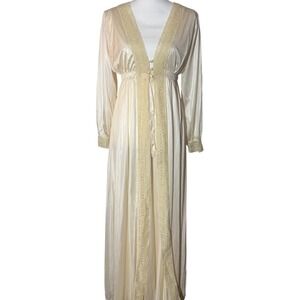 Vintage 70s Antron Nylon Peignoir Set Medium Cream Lace Robe Gown